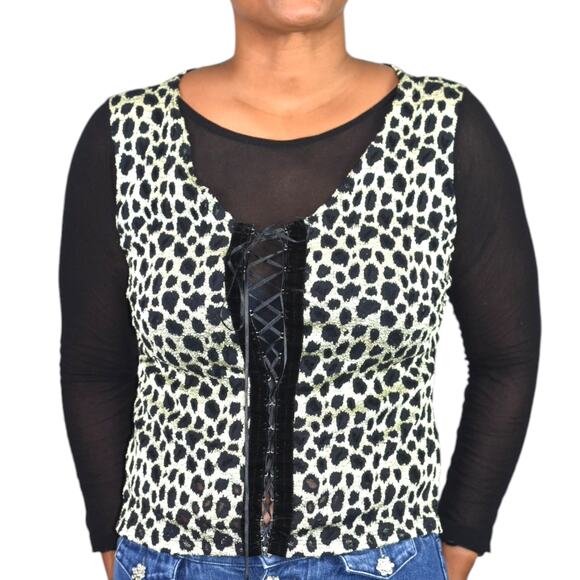 Vintage Corset Lacing Shirt Black Mesh Animal Print 90s Pullover Stretchy Medium - Picture 1 of 16